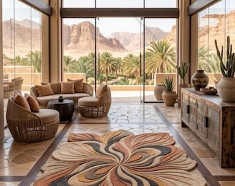 Handmade Abstract Floral Tufted Rug, Sculpted Wool Carpet, Living Room Statement Piece