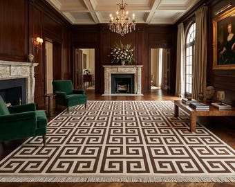 Hand Knotted Wool Greek Key Rug, Brown Ivory Geometric Carpet, Luxury Living Room Rug