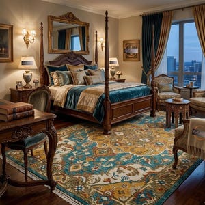 May include: A luxurious bedroom featuring a four-poster bed with a teal velvet bedspread and decorative pillows. The room includes a patterned rug in teal, gold, and cream tones, ornate furniture, and tall windows with elegant curtains. The overall style is classic and elegant.