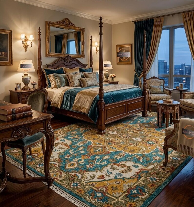 May include: A luxurious bedroom featuring a four-poster bed with a teal velvet bedspread and decorative pillows. The room includes a patterned rug in teal, gold, and cream tones, ornate furniture, and tall windows with elegant curtains. The overall style is classic and elegant.