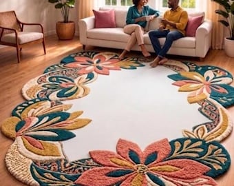 Handmade Floral Tufted Wool Rug, Flower Shape Carpet, Scandinavian Living Room Home Décor