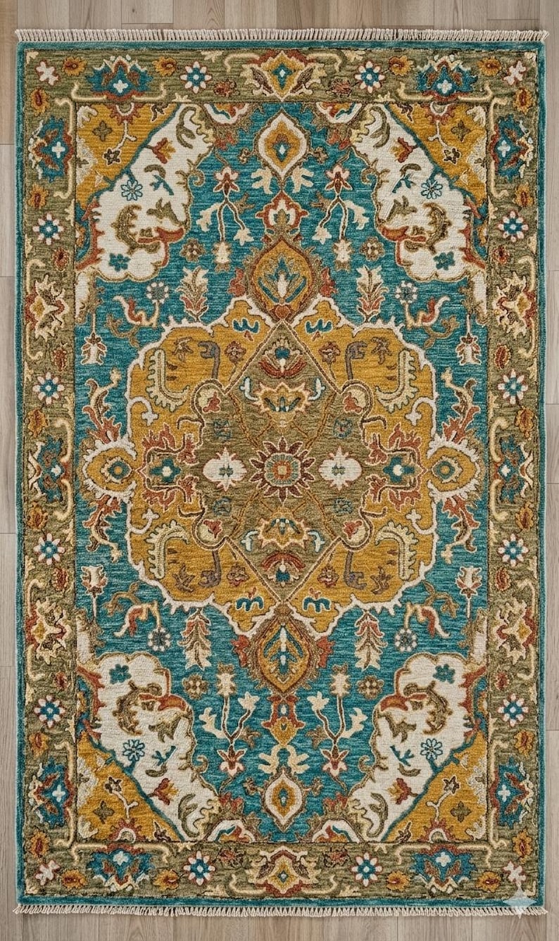 May include: Rectangular area rug with an ornate, traditional design. The rug features a central medallion in shades of gold, teal, and rust, surrounded by a teal field and a border of olive green and cream. The rug is placed on a light wood floor.