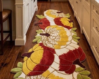 Traditional Runner Rug, Hand Tufted Pumpkin Floral Kitchen Decor