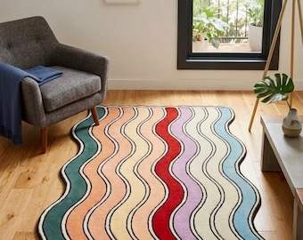 Dywan wełniany tkany ręcznie – retro, nowoczesny, falisty, abstrakcyjny, tęczowy dywan w stylu mid-century modern