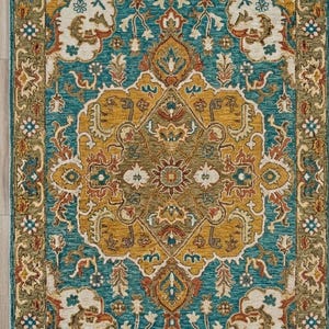 May include: A rectangular area rug with an ornate, traditional design. The rug features a central medallion in shades of gold, teal, and rust, surrounded by a teal field and a border of olive green and cream. The pattern includes floral and geometric elements.