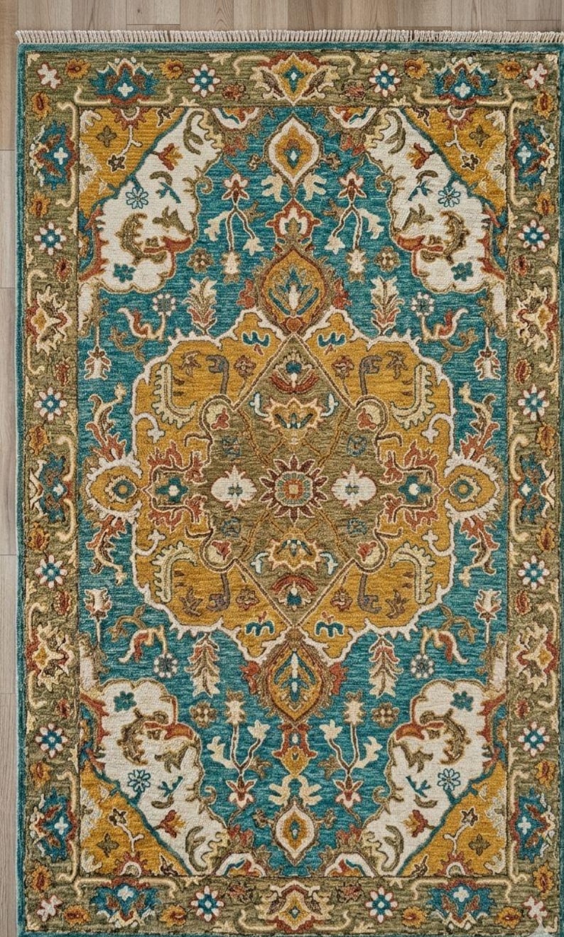 May include: A rectangular area rug with an ornate, traditional design. The rug features a central medallion in shades of gold, teal, and rust, surrounded by a teal field and a border of olive green and cream. The pattern includes floral and geometric elements.