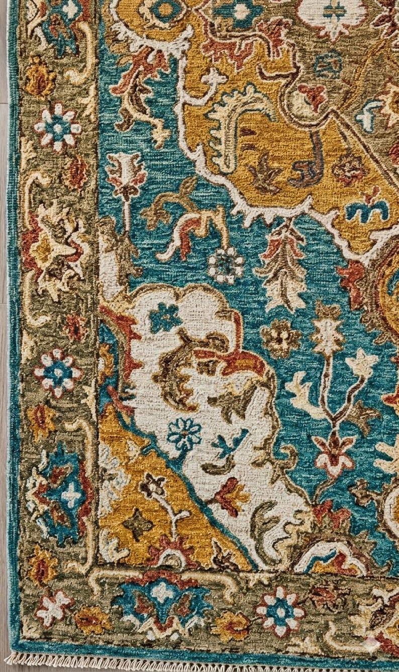 May include: A close-up of a patterned rug with a teal, gold, and cream color scheme. The rug features an intricate floral design with a border of olive green and teal. The rug has a fringe along the bottom edge.