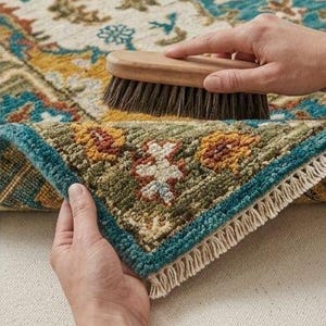 May include: A close-up of a colorful area rug with a floral pattern. The rug features a teal border and fringe, with a wooden brush being used to clean it. The rug's design includes shades of blue, yellow, green, and red.