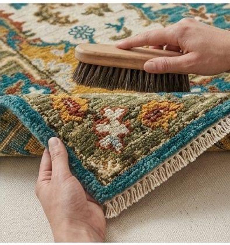 May include: A close-up of a colorful area rug with a floral pattern. The rug features a teal border and fringe, with a wooden brush being used to clean it. The rug's design includes shades of blue, yellow, green, and red.