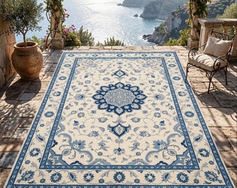 Hand Knotted Wool Rug, Blue Ivory Persian Floral Oriental Carpet, Living Room Area Rug