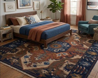 Hand-Knotted Wool Rug | Dark Blue Terracotta Tribal Carpet | 3D Texture Area Rug