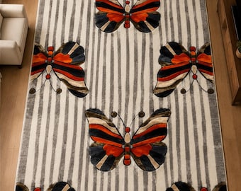 Hand Tufted Wool Butterfly Rug, Modern Orange Black Living Room Carpet