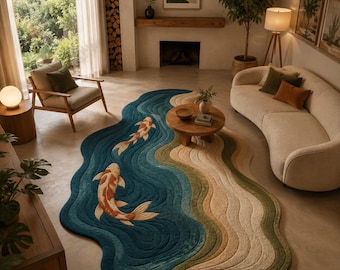 Hand Tufted Koi Fish Rug, River Wave Organic Shape, Japandi Living Room Area Rug