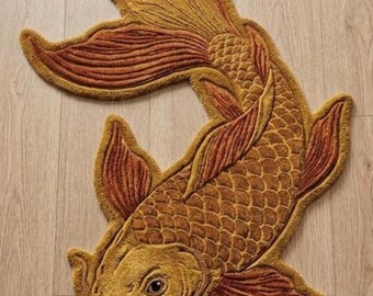 手作りの金色の鯉のタフテッドラグ、日本のエリアカーペット、高級魚型ホームデコレーション
