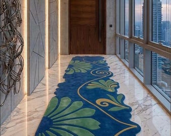 Blue Floral Tufted Wool Runner Rug, Handmade Abstract Hallway Carpet