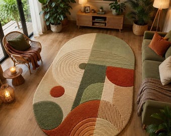 Tappeto ovale geometrico astratto trapuntato a mano, verde salvia, beige, ruggine