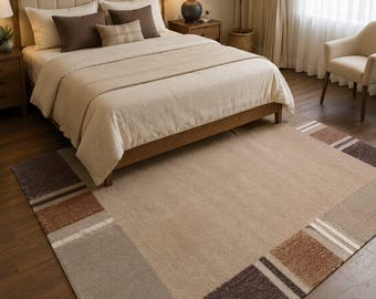 Modern neutraal vloerkleed 5 x 8, handgemaakt slaapkamertapijt, minimalistisch geometrisch tapijt, beige bruin woonkamertapijt, eigentijds vloerkleed