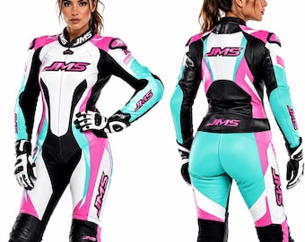 Womens Leather Motorcycle Suit, Pink Teal One Piece Racing Suit, Custom Motorbike Riding Gear, Handmade Gift for Her Track Day