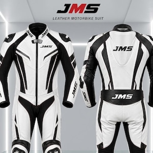 May include: A white and black leather motorbike suit with the text "JMS" on the chest, shoulders, and legs. The suit features black accents and protective padding on the knees and shoulders. The words "LEATHER MOTORBIKE SUIT" are at the top.
