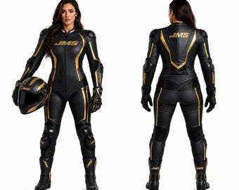 Dames zwart goudleer motorracepak, CE-gepantserde ééndelig motorpak, aangepast MotoGP-trainingspak, handgemaakt rijcadeau