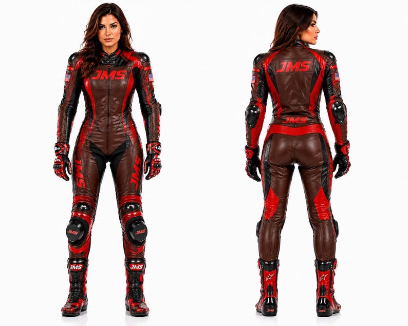 May include: A brown, black, and red leather motorcycle racing suit featuring the text JMS on the chest, back, legs, and boots. The suit includes protective armor on the shoulders, elbows, and knees, with small American flag patches on the sleeves.