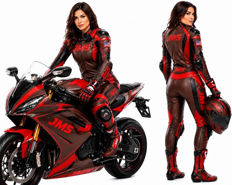 May include: A brown and red leather motorcycle suit featuring the JMS logo in red lettering on the chest, back, and legs. The suit includes protective padding on the shoulders, elbows, and knees, with a small American flag patch on the sleeve.