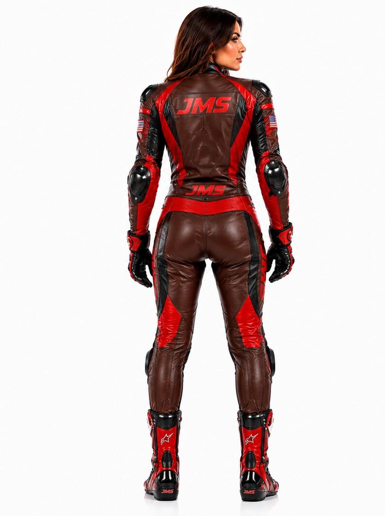 May include: A brown, black, and red leather motorcycle racing suit featuring the text JMS in red on the back. The suit includes integrated protective armor on the shoulders, elbows, and knees, along with small American flag patches on the sleeves.