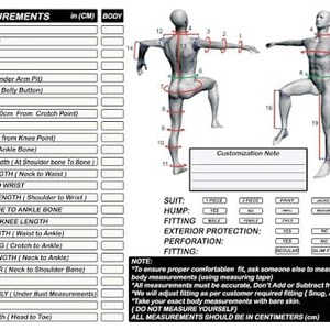 May include: A measurement chart featuring two grey 3D human figures with numbered red and green lines indicating body points. The document includes a list of 25 measurement categories in centimeters, a customization note box, and checkboxes for suit details.