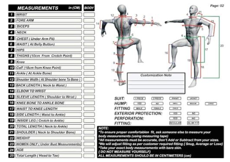 May include: A measurement chart featuring two grey 3D human figures with numbered red and green lines indicating body points. The document includes a list of 25 measurement categories in centimeters, a customization note box, and checkboxes for suit details.