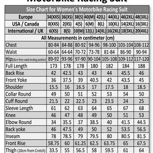 May include: A black and white size chart for a motorbike racing suit. The table lists measurements in centimeters for chest, waist, hip, full length, back rise, front yoke, shoulder, collar, cuff, sleeve, knee, elbow, inseam, front rise, thigh, ankle, and crotch.