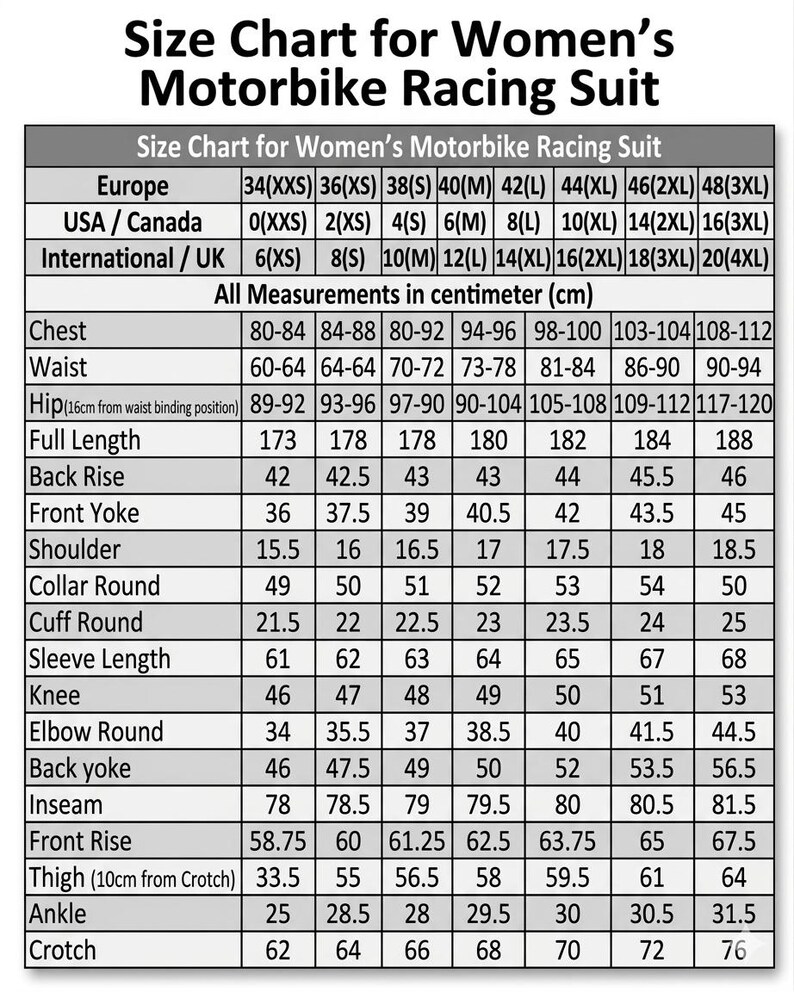 May include: A black and white size chart for a motorbike racing suit. The table lists measurements in centimeters for chest, waist, hip, full length, back rise, front yoke, shoulder, collar, cuff, sleeve, knee, elbow, inseam, front rise, thigh, ankle, and crotch.