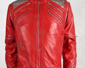 マイケル・ジャクソン「Beat It」レッドレザージャケット、手作りMJバイカーコスチューム、レトロコンサートスタイルのコスプレ衣装（ファン向け）