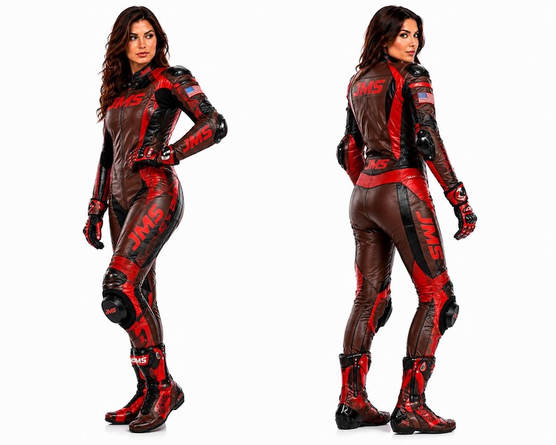 Women's Leather Motorcycle Racing Suit, Brown Red CE Armored Biker Gear, Custom MotoGP Track Suit, Handmade Riding Suit All Sizes image 3