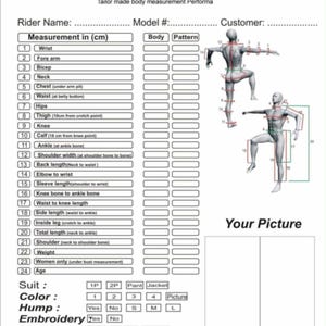 May include: A white paper form titled Tailor made body measurement Performa with fields for rider name, model number, and customer. It includes a numbered list of 24 body measurements in cm, diagrams of human figures, and checkboxes for suit details.