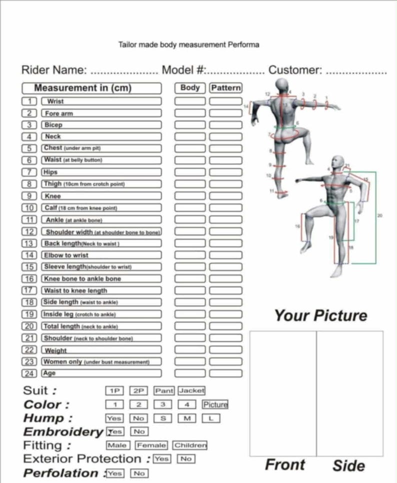 May include: A white paper form titled Tailor made body measurement Performa with fields for rider name, model number, and customer. It includes a numbered list of 24 body measurements in cm, diagrams of human figures, and checkboxes for suit details.