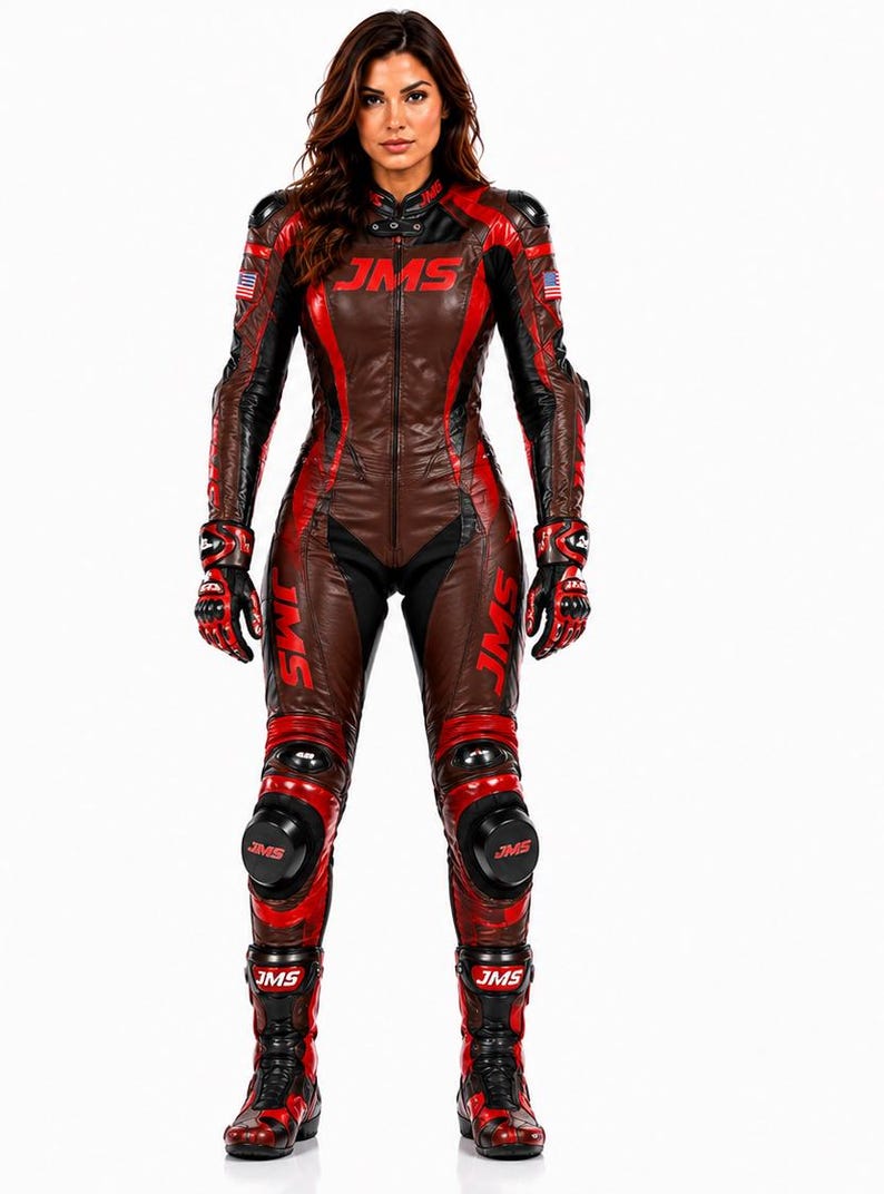 Women's Leather Motorcycle Racing Suit, Brown Red CE Armored Biker Gear, Custom MotoGP Track Suit, Handmade Riding Suit All Sizes image 4