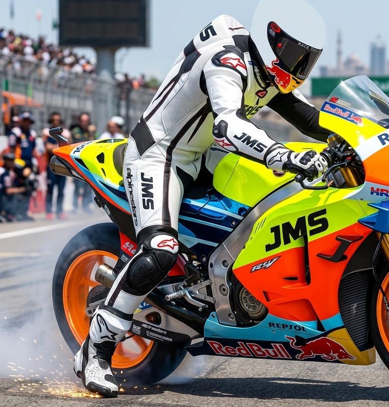 May include: A motorcycle racer in a white and black Alpinestars leather suit and white helmet riding a bright yellow, orange, and blue racing motorcycle. The bike features JMS and Red Bull branding, with sparks flying from the rear tire.