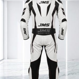 May include: A white and black leather motorbike suit featuring the JMS logo printed on the back, shoulders, and sleeves. The suit includes perforated leather panels, a high collar, and the text JMS LEATHER across the lower back section.