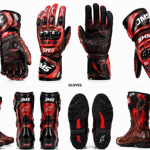 May include: A set of red and black motorcycle gloves and boots featuring the JMS logo. The gloves include protective knuckle guards and wrist straps. The boots have a high-cut design with reinforced soles, side zippers, and the JMS brand name visible.