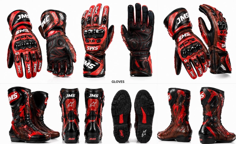 May include: A set of red and black motorcycle gloves and boots featuring the JMS logo. The gloves include protective knuckle guards and wrist straps. The boots have a high-cut design with reinforced soles, side zippers, and the JMS brand name visible.