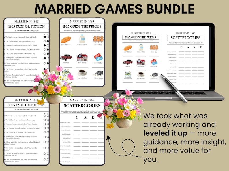 May include: A bundle of printable games for a wedding anniversary, including "Fact or Fiction", "Guess the Price", and "Scattergories". The games are displayed on a laptop, a smartphone, and a printout, with a floral arrangement in the foreground.