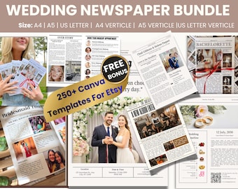 Wedding Newspaper Template Bundle | Editable Canva Wedding Program & Announcement | Newspaper Style Wedding Invite PLR Download
