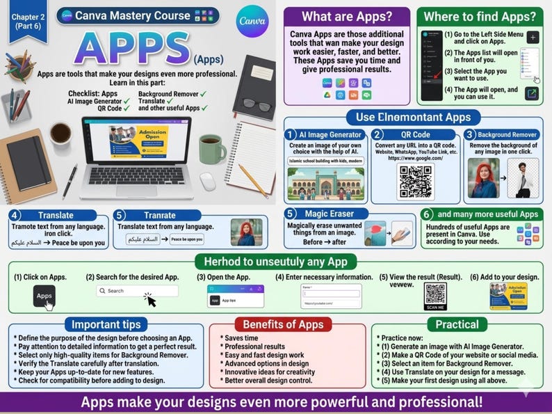 May include: An educational infographic titled Canva Mastery Course APPS, featuring a laptop displaying a design, a checklist of tools, and step-by-step guides on using apps, QR codes, background removers, and translation features for professional design work.