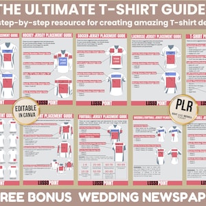 Peut inclure: Un guide complet de placement pour t-shirts et maillots comprenant plusieurs tableaux d'instructions pour le volley-ball, le hockey, le football, la crosse, le football américain, le baseball et le basket-ball. Le document inclut des étiquettes textuelles, des spécifications de taille en centimètres et des schémas de positionnement des logos et numéros sur divers vêtements, avec la marque LUSSO POINT et des badges modifiables.