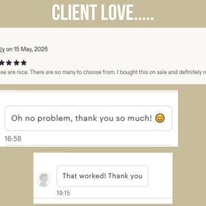 May include: A graphic display titled CLIENT LOVE featuring a five-star customer review from Emily dated May 15, 2026, stating these are nice and recommending them, followed by two chat message bubbles saying Oh no problem, thank you so much! and That worked! Thank you.