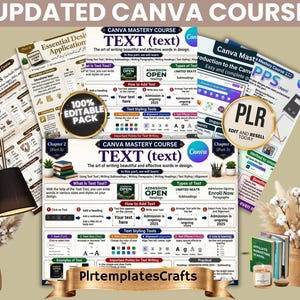 May include: A collection of educational course materials titled UPDATED CANVA COURSE, featuring multiple pages with text, diagrams, and instructions on using text tools, styling, and design applications. Includes a 100% EDITABLE PACK and PLR badge.