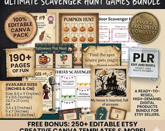 宝探しゲームバンドル | 編集可能なCanvaテンプレート | チームビルディング、オフィス、パーティーアクティビティ用の印刷可能なPLRダウンロード