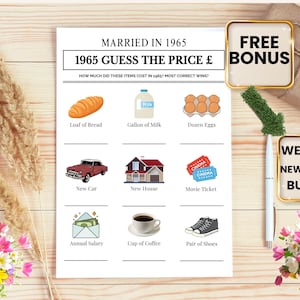 May include: A game sheet titled "Married in 1965" with illustrations of items like a loaf of bread, a new car, and a cup of coffee. The game is designed to guess the price of these items in 1965. Includes a "Free Bonus" and "Wedding Newspaers Bundle" graphic.