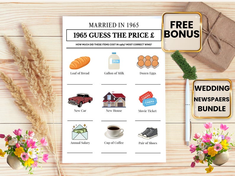 May include: A game sheet titled "Married in 1965" with illustrations of items like a loaf of bread, a new car, and a cup of coffee. The game is designed to guess the price of these items in 1965. Includes a "Free Bonus" and "Wedding Newspaers Bundle" graphic.
