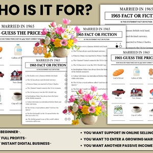 May include: A collection of printable game sheets with the text "Married in 1965" and trivia questions. The sheets include "Guess the Price" and "Fact or Fiction" games, with illustrations of items like a loaf of bread and a new car. A vase of flowers is also present.